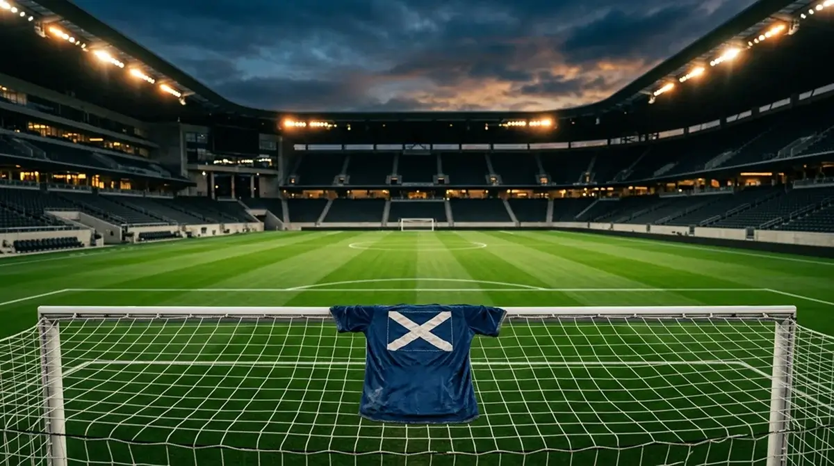 Geansaí gorm na hAlban le saltire bán crochta os comhair páirce sacair tráthnóna