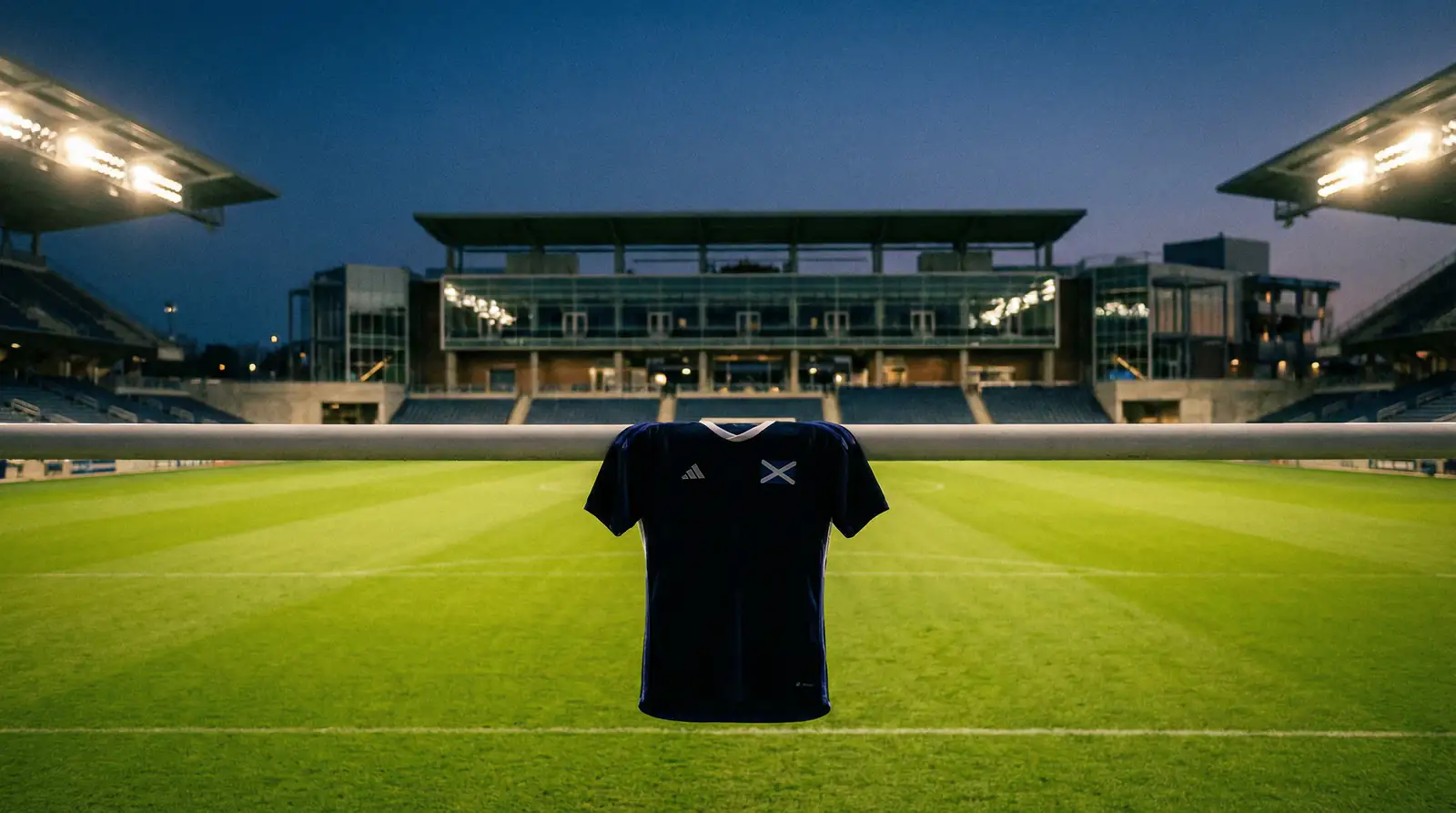 Alba ag Corn an Domhain 2026 — suaitheantas na foirne agus bratach na hAlban ar chúlra dorcha