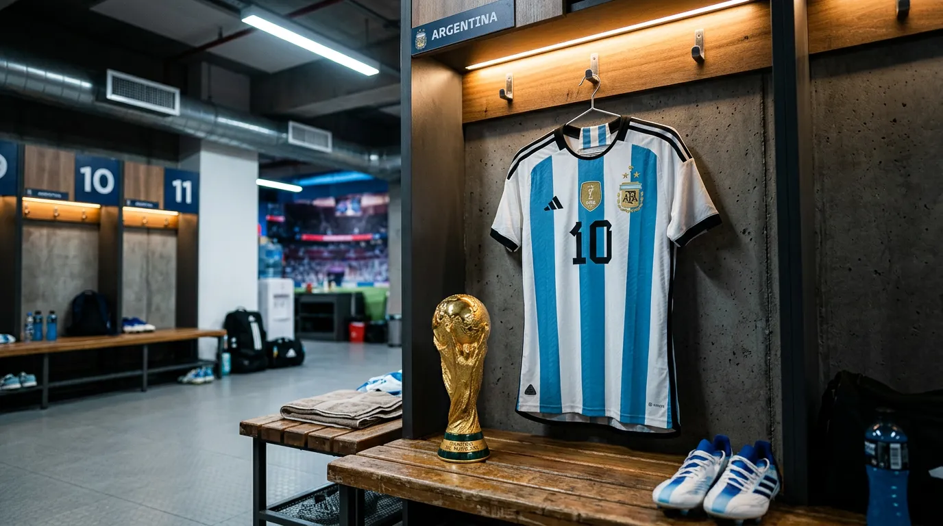 An Airgintín ag Corn an Domhain 2026 — geansaí gorm agus bán na foirne