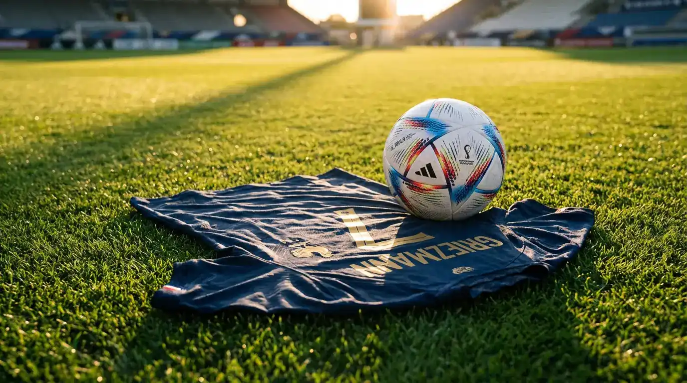 An Fhrainc ag Corn an Domhain 2026 — geansaí gorm na foirne le coileach órga