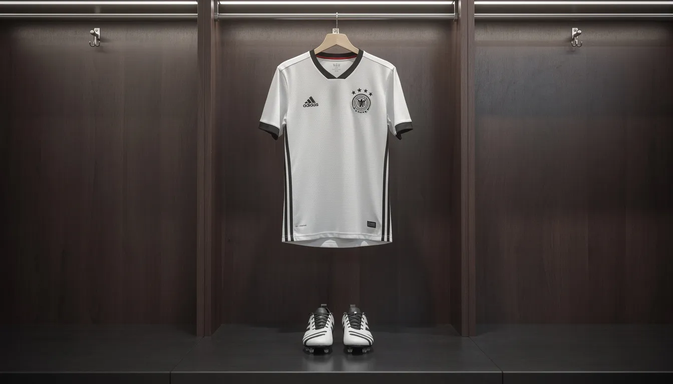 An Ghearmáin ag Corn an Domhain 2026 — geansaí bán na foirne le hiolar dubh