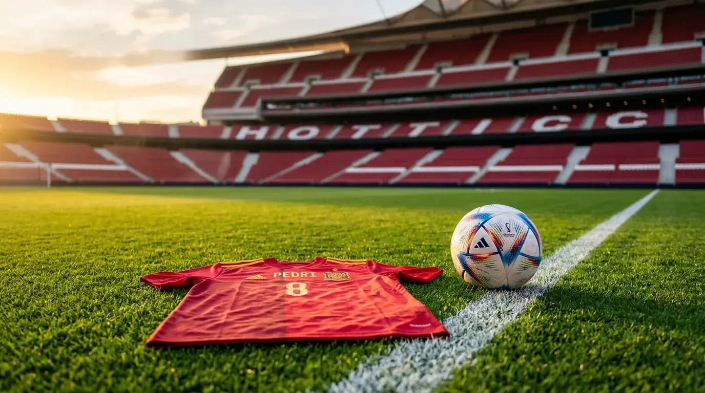 An Spáinn ag Corn an Domhain 2026 — geansaí dearg na foirne