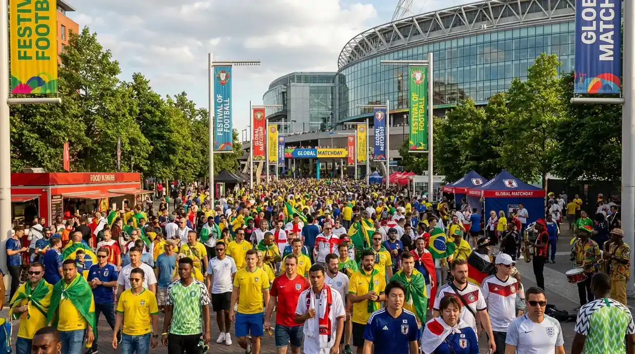 Slua mór ag siúl i dtreo staidiam sacair ar lá cluiche le geansaithe foirne éagsúla agus bratacha ildaite