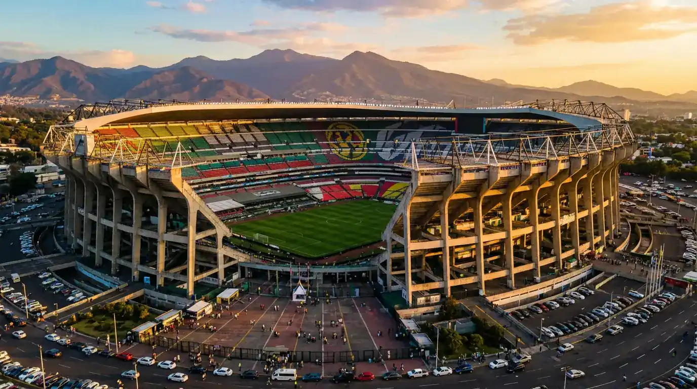Estadio Azteca i gCathair Mheicsiceo — staidiam stairiúil sacair le páirc glas agus suíocháin dhaite