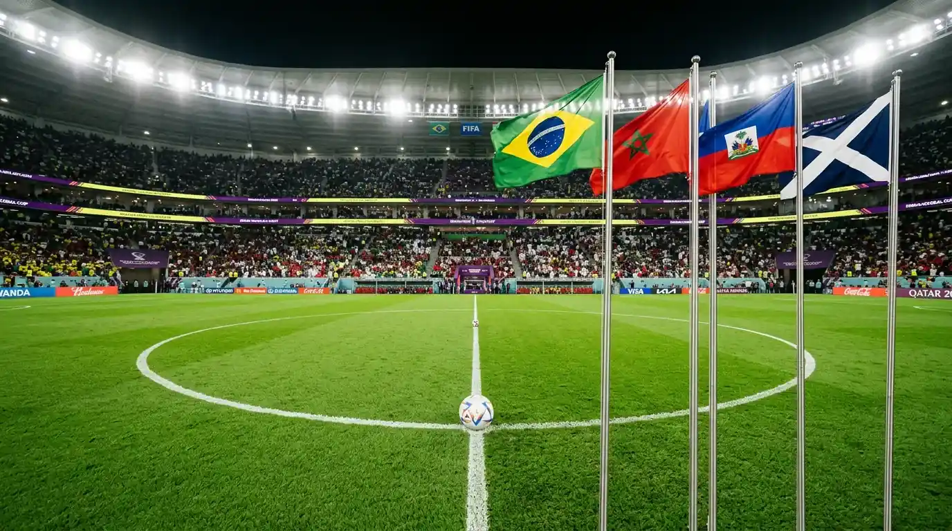 Grúpa C ag Corn an Domhain 2026 — ceithre fhoireann sacair ar pháirc glas le liathróid