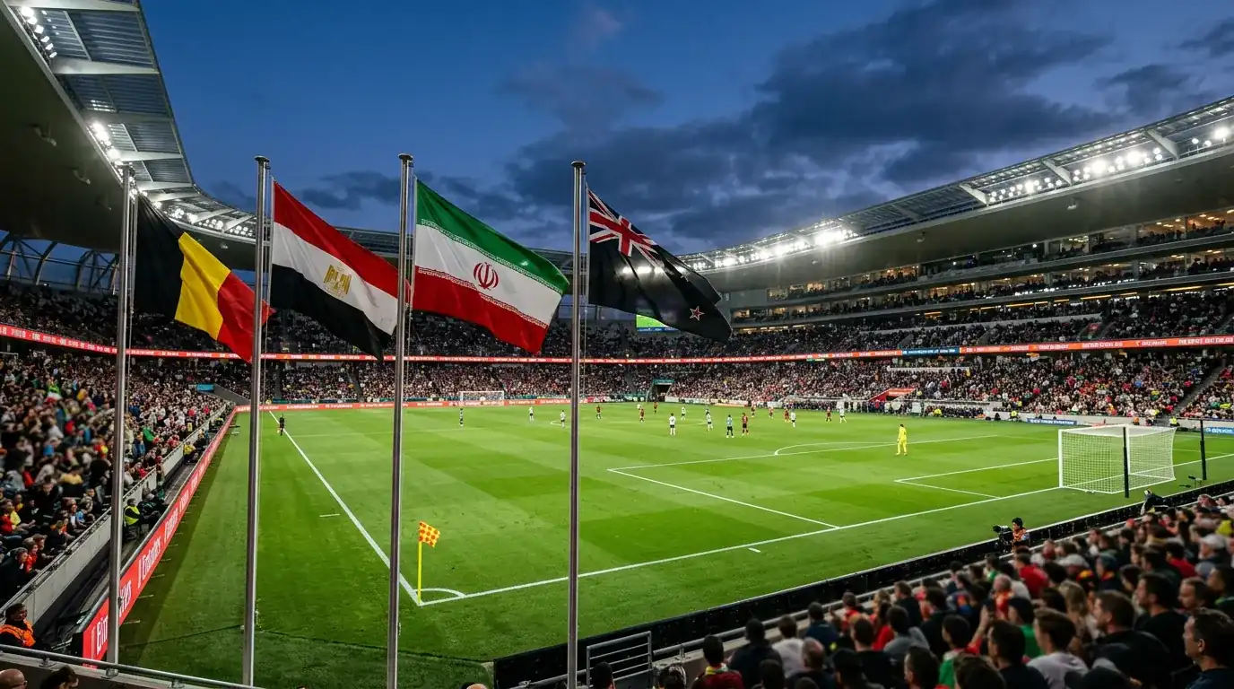 Grúpa G ag Corn an Domhain 2026 — staidiam le ceithre bhratach náisiúnta agus páirc glas