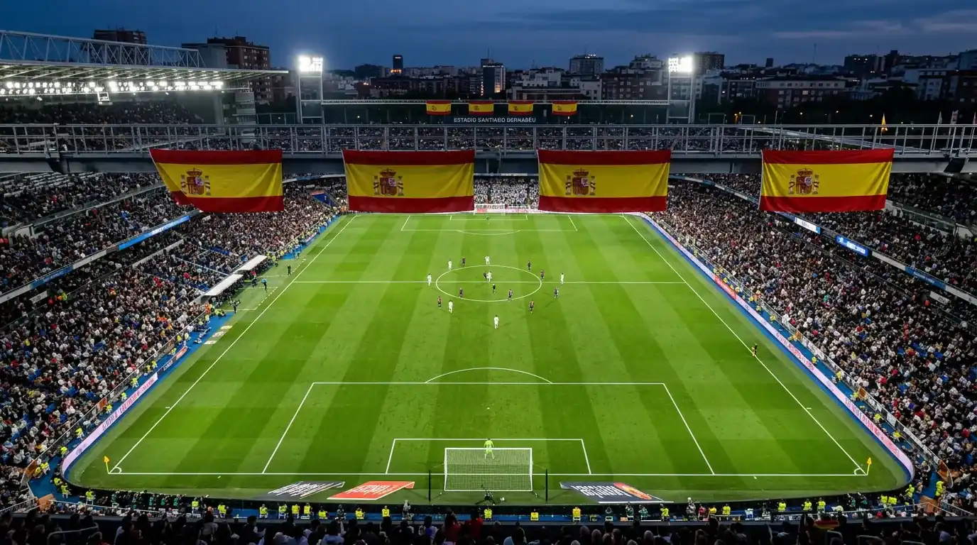 Grúpa H ag Corn an Domhain 2026 — páirc sacair le bratacha na Spáinne agus Urugua