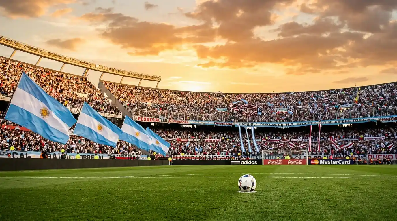 Grúpa J ag Corn an Domhain 2026 — staidiam sacair le ceithre bhratach náisiúnta agus liathróid ar an bpáirc