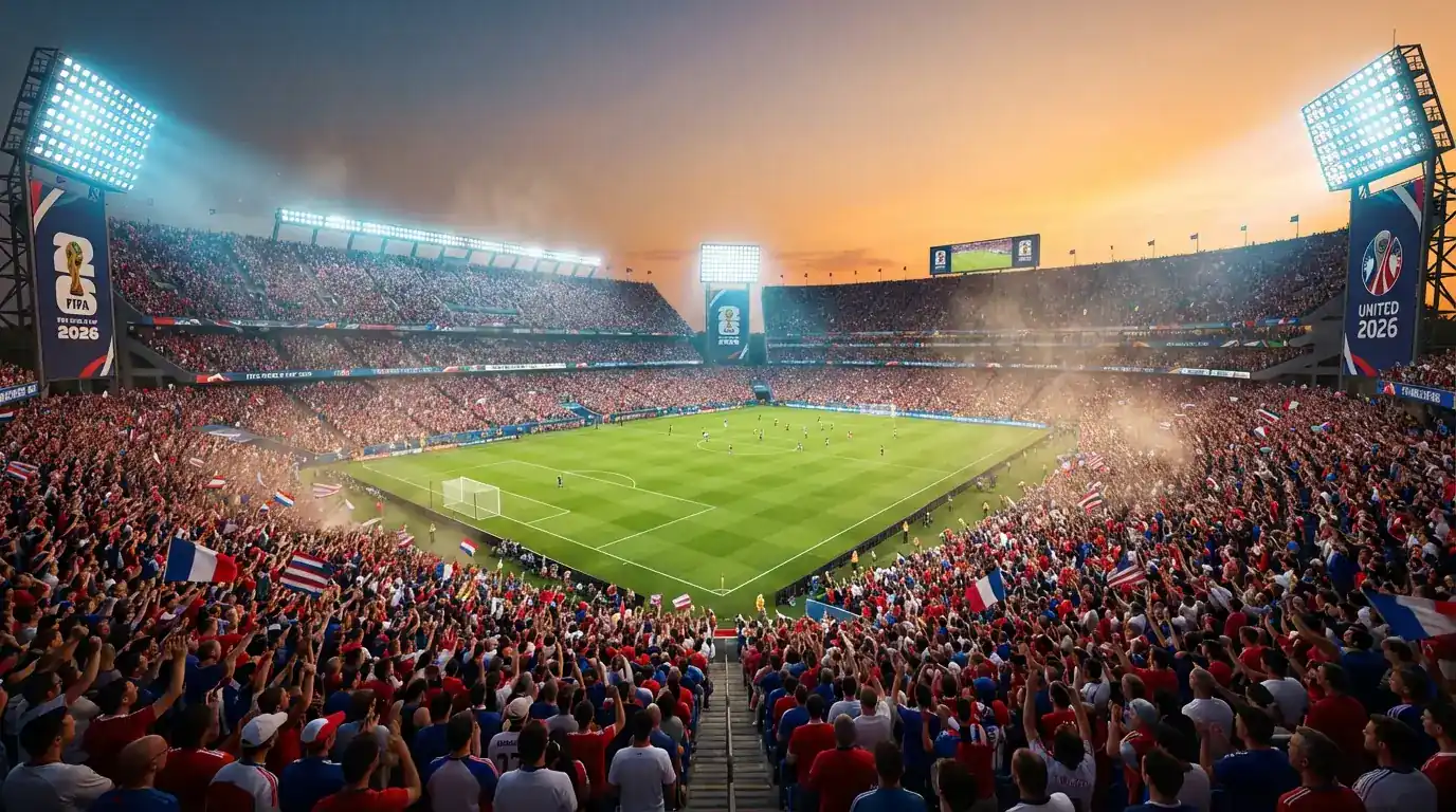 Radharcra leathan de pháirc sacair faoi shoilse arda ag Corn an Domhain FIFA 2026 le bratach FIFA agus slua ollmhór