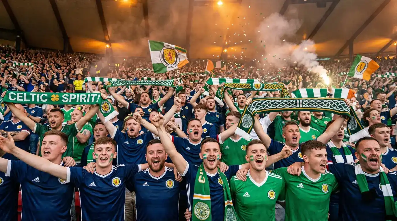 Lucht leanúna sacair le geansaithe gorma agus glasa ag canadh le chéile sna stainne le bratacha Ceilteacha