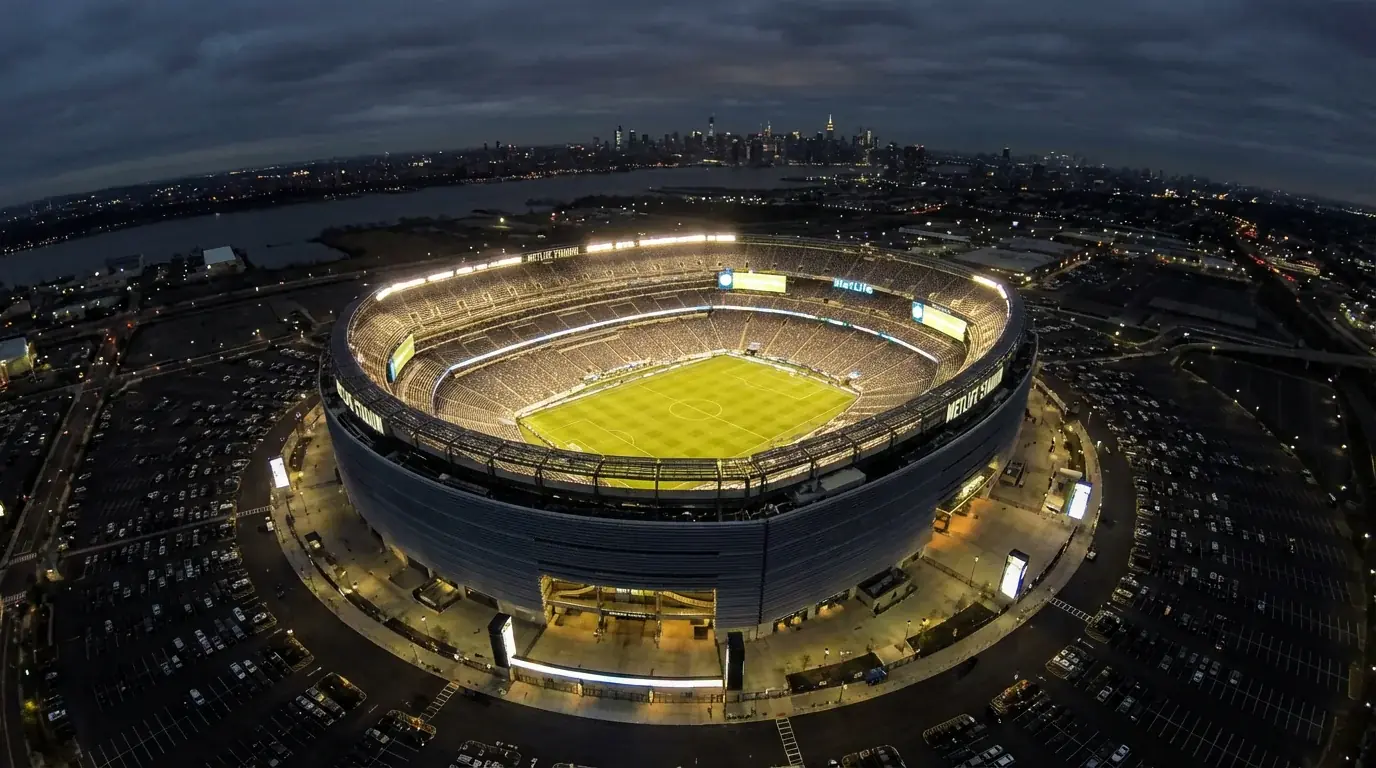 MetLife Stadium in East Rutherford, Nua-Jeirse — staidiam sacair mór le páirc glas faoi sholas oíche