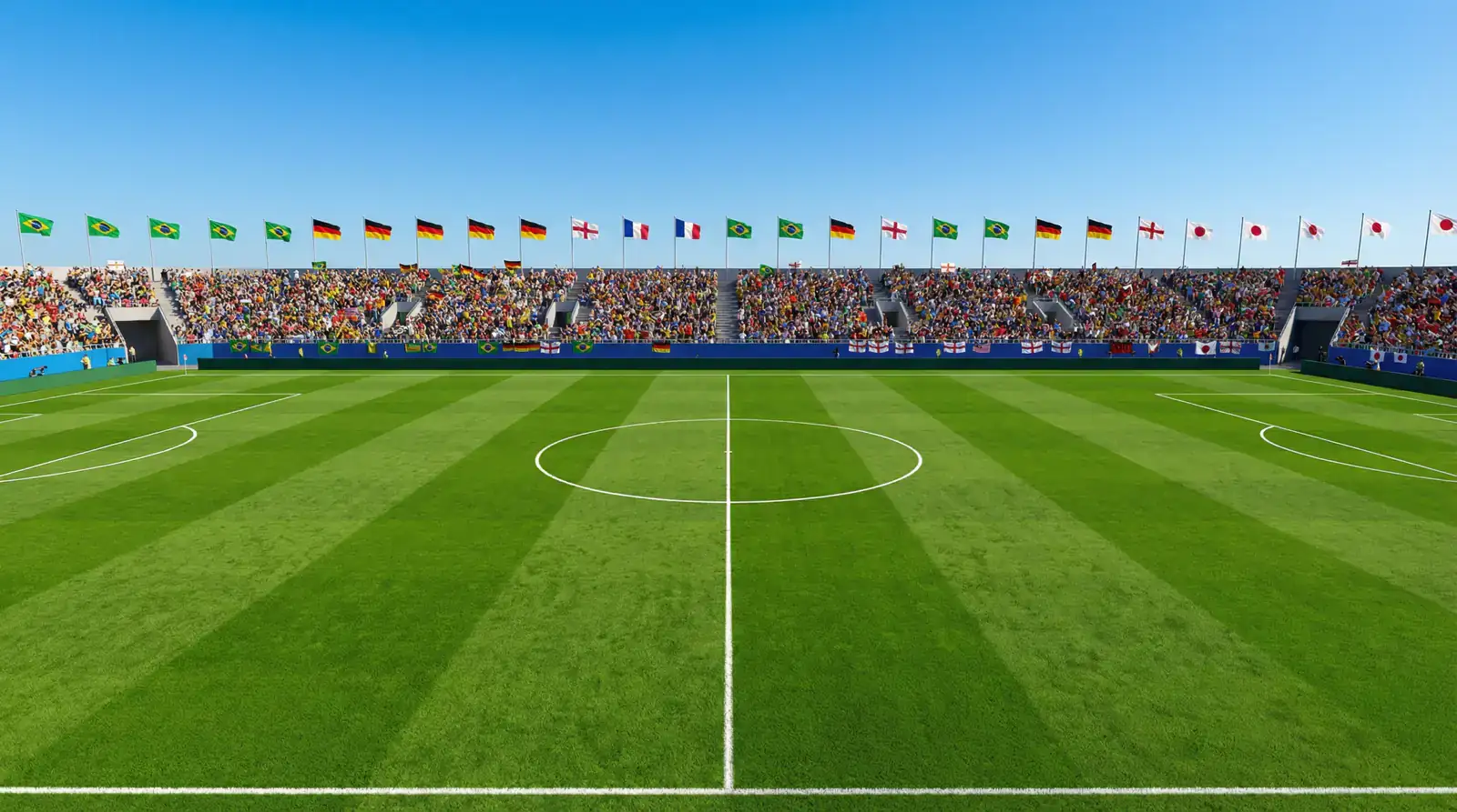 Páirc sacair ghlasúil le bratacha ilnáisiúnta crochta os cionn na stainne ar lá gréine ag comórtas idirnáisiúnta