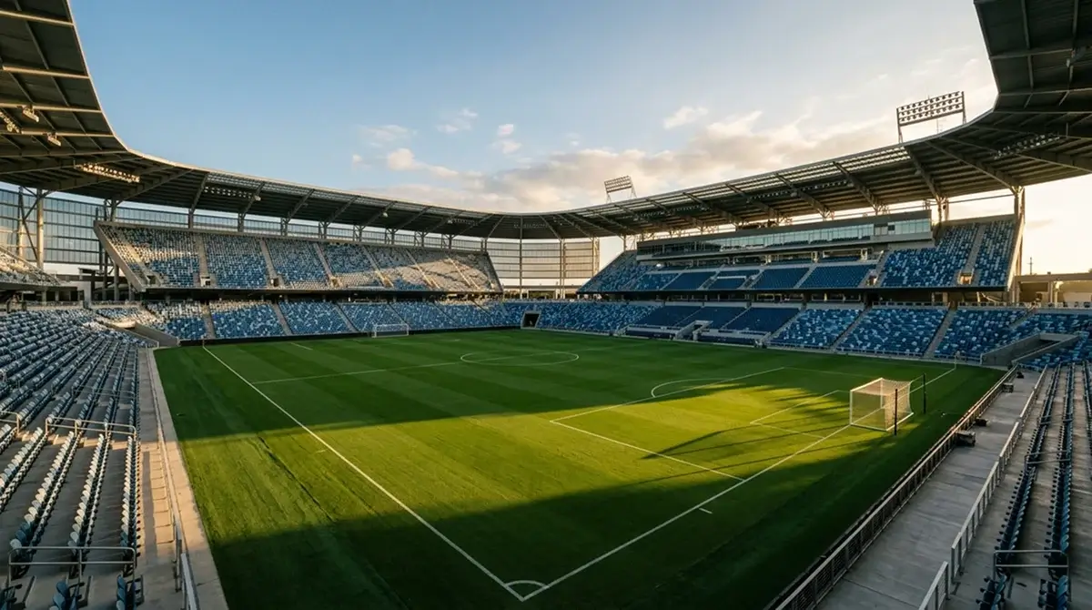 Páirc sacair ghlas faoi sholas tráthnóna i staidiam Meiriceánach