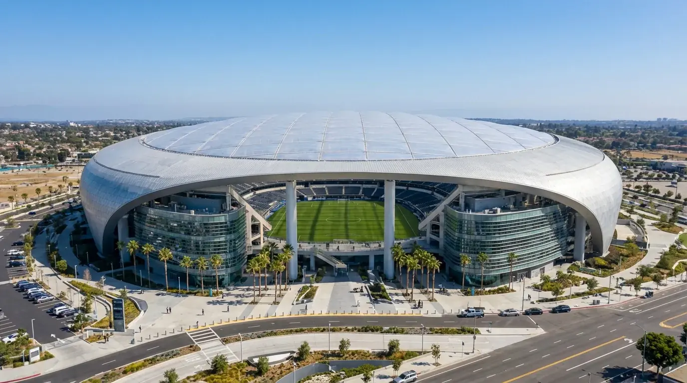 SoFi Stadium in Inglewood, Los Angeles — staidiam nua-aimseartha le canóip ETFE agus páirc sacair