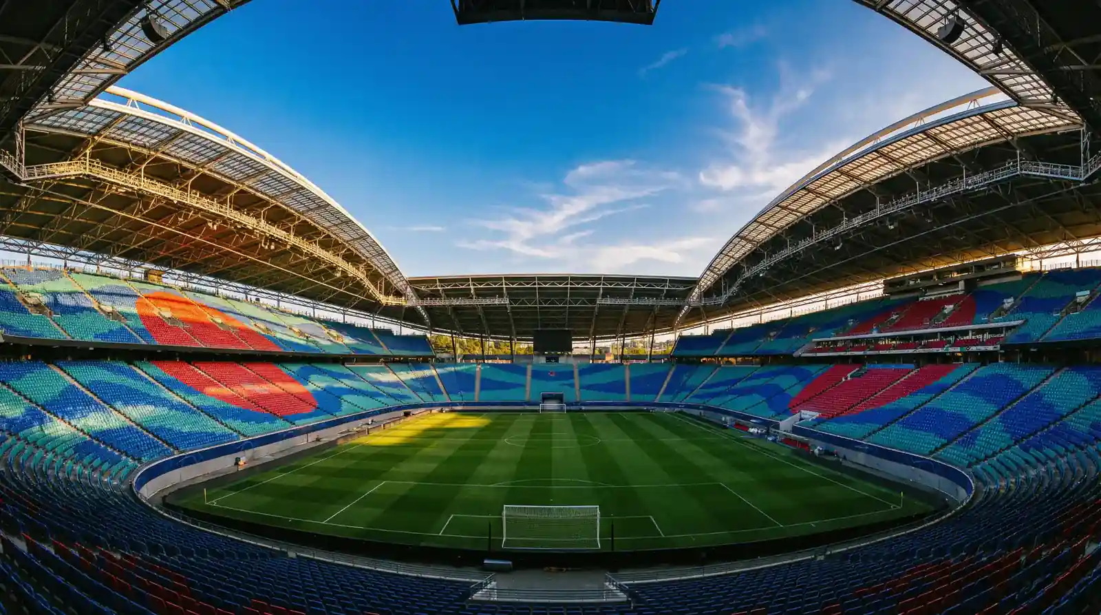 Radharcra panoramach de staidiam sacair ollmhór le díon oscailte agus páirc ghlas faoi sholas tráthnóna