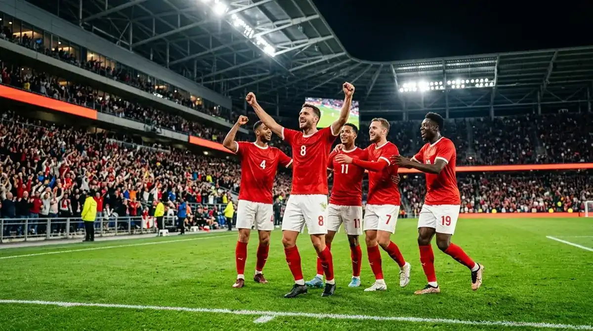 Imreoirí ag ceiliúradh cúil ag Corn an Domhain 2026 faoi sholas na staidiam